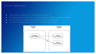 Cilium Identities
● Kubernetes is dynamic in nature (Pod Scaling, …).
● In Kubernetes each pod has it’s own ip address and all it’s ports available.
● Cilium abstracts network security from network addresses
● => Security is based on identities - on kubernetes labels
 