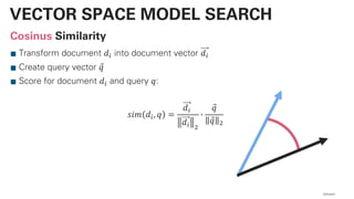 Cosinus Similarity
Transform document 𝑑! into document vector 𝑑!
Create query vector ⃗𝑞
Score for document 𝑑! and query 𝑞:
𝑠𝑖𝑚 𝑑!, 𝑞 =
𝑑!
𝑑! "
)
⃗𝑞
⃗𝑞 "
QAware
VECTOR SPACE MODEL SEARCH
 