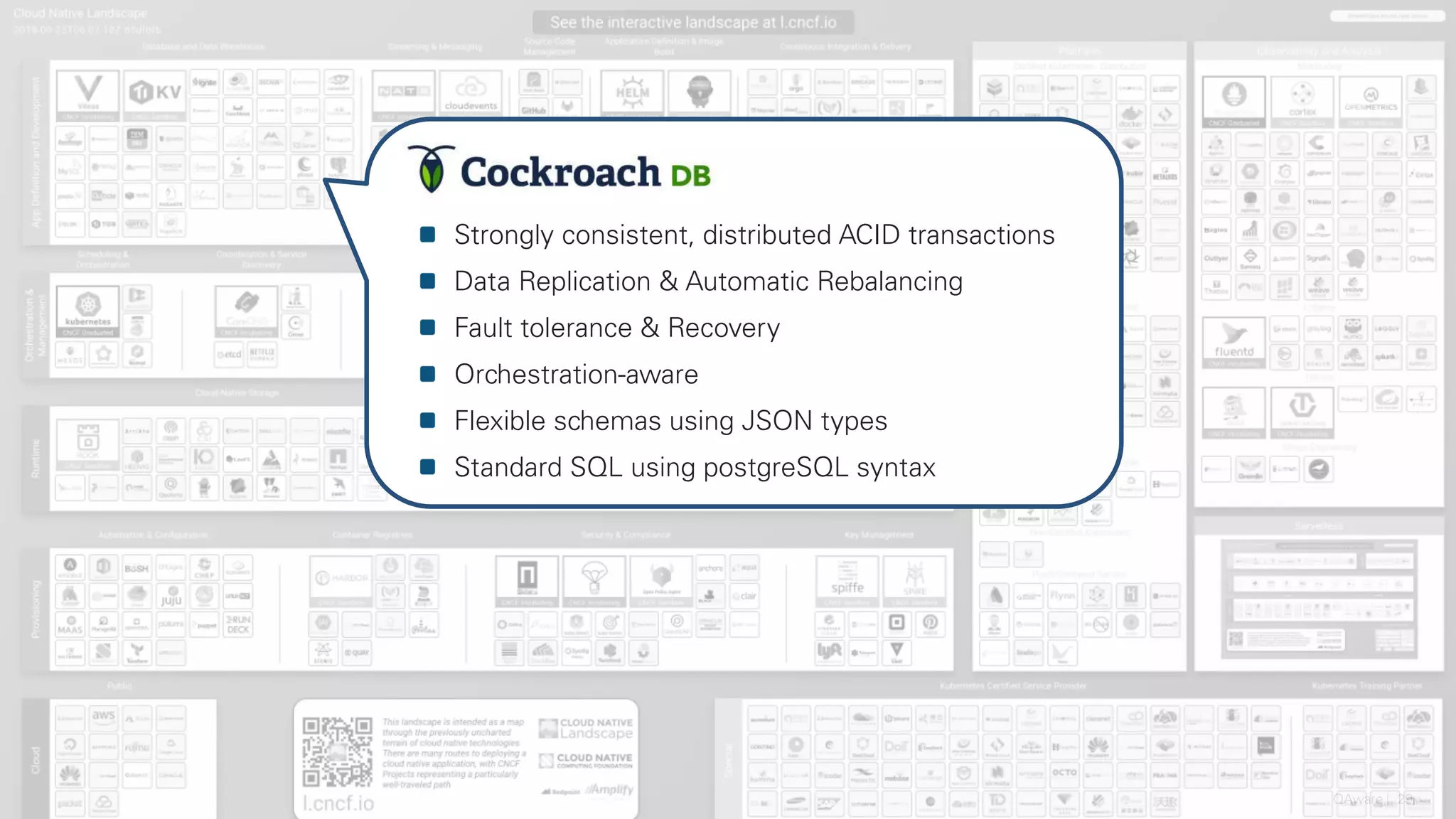QAware 29
Strongly consistent, distributed ACID transactions
Data Replication & Automatic Rebalancing
Fault tolerance & Recovery
Orchestration-aware
Flexible schemas using JSON types
Standard SQL using postgreSQL syntax
 