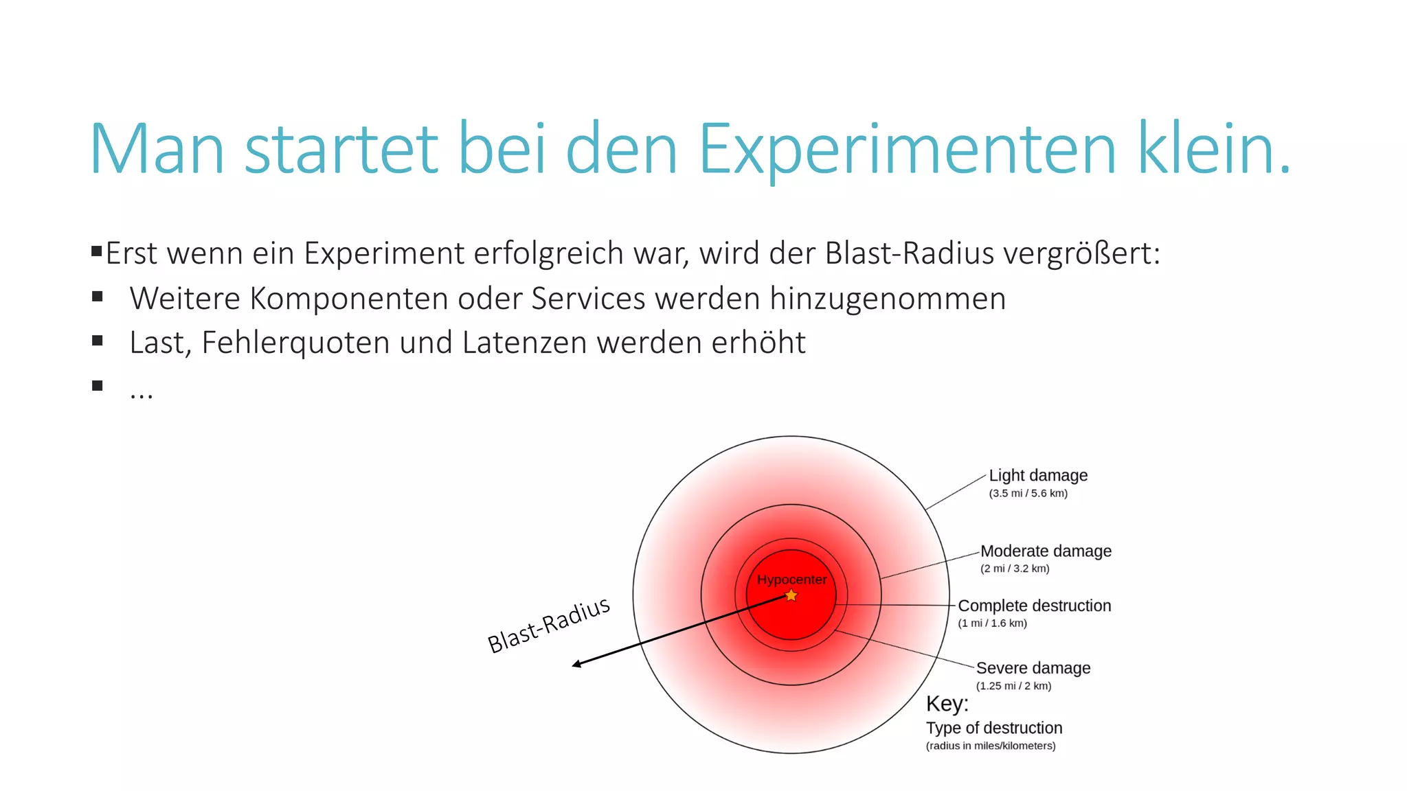 Man startet bei den Experimenten klein.
§Erst wenn ein Experiment erfolgreich war, wird der Blast-Radius vergrößert:
§ Weitere Komponenten oder Services werden hinzugenommen
§ Last, Fehlerquoten und Latenzen werden erhöht
§ ...
Blast-Radius
 