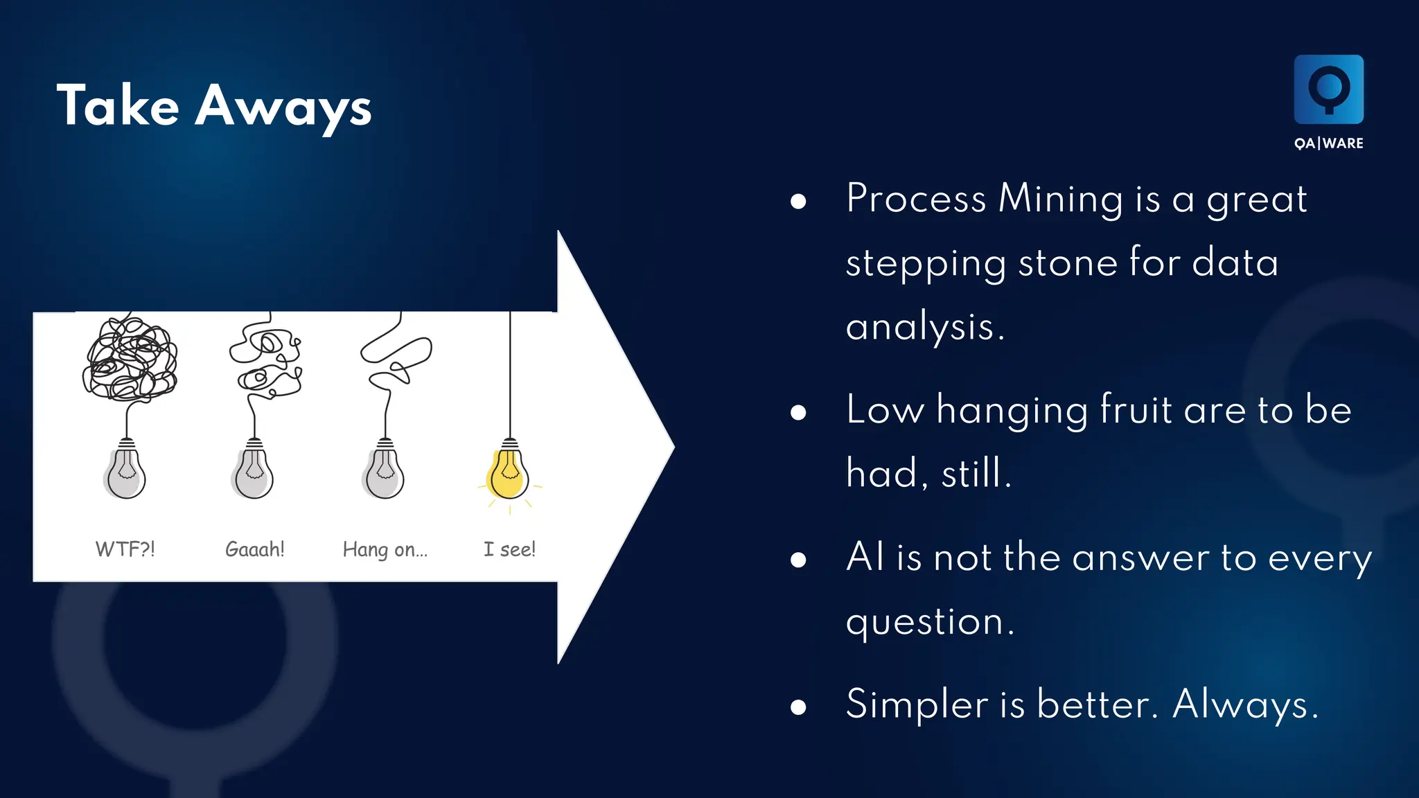 Take Aways
● Process Mining is a great
stepping stone for data
analysis.
● Low hanging fruit are to be
had, still.
● AI is not the answer to every
question.
● Simpler is better. Always.
WTF?! Gaaah! Hang on… I see!
 