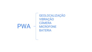 GEOLOCALIZAÇÃO
VIBRAÇÃO
CÂMERA
MICROFONE
BATERIA
PWA
 