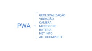 GEOLOCALIZAÇÃO
VIBRAÇÃO
CÂMERA
MICROFONE
BATERIA
NET INFO
AUTOCOMPLETE
PWA
 