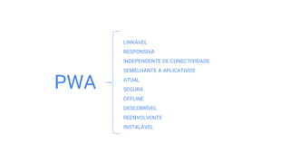 LINKÁVEL
RESPONSIVA
INDEPENDENTE DE CONECTIVIDADE
SEMELHANTE A APLICATIVOS
ATUAL
SEGURA
OFFLINE
DESCOBRÍVEL
REENVOLVENTE
INSTALÁVEL
PWA
 