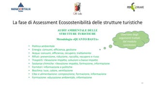 La fase di Assessment Ecosostenibilità delle strutture turistiche
10
AUDIT AMBIENTALE DELLE
STRUTTURE TURISTICHE
Metodologia «QUANTO BASTA»
• Politica ambientale
• Energia: consumi, efficienza, gestione
• Acqua: consumi, efficienza, recupero, trattamento
• Rifiuti: prevenzione, riduzione, raccolta, recupero e riuso
• Trasporti: rilevazione impatto, soluzioni a basso impatto
• Sostanze chimiche: rilevazione impatto, formazione, informazione
• Fornitori: informazione e politiche
• Bioclima: luce, calore, ventilazione
• Cibo e alimentazione: composizione, formazione, informazione
• Formazione: educazione ambientale, informazione
Overview degli
argomenti trattati
dal modulo
successivo
 