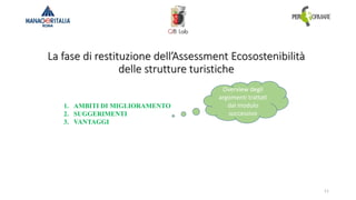 La fase di restituzione dell’Assessment Ecosostenibilità
delle strutture turistiche
11
1. AMBITI DI MIGLIORAMENTO
2. SUGGERIMENTI
3. VANTAGGI
Overview degli
argomenti trattati
dal modulo
successivo
 