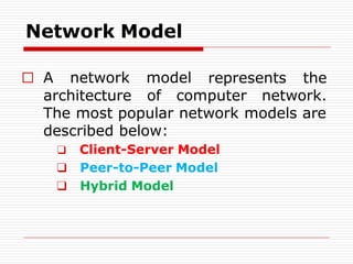Network Model
represents the
□ A network model
architecture of computer network.
The most popular network models are
described below:
❑ Client-Server Model
❑ Peer-to-Peer Model
❑ Hybrid Model
 