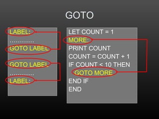 GOTO
LABEL:
…………
GOTO LABEL
GOTO LABEL
…………
LABEL:
LET COUNT = 1
MORE:
PRINT COUNT
COUNT = COUNT + 1
IF COUNT < 10 THEN
GOTO MORE
END IF
END
 