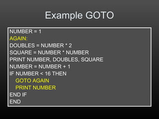 Example GOTO
NUMBER = 1
AGAIN:
DOUBLES = NUMBER * 2
SQUARE = NUMBER * NUMBER
PRINT NUMBER, DOUBLES, SQUARE
NUMBER = NUMBER + 1
IF NUMBER < 16 THEN
GOTO AGAIN
PRINT NUMBER
END IF
END
 