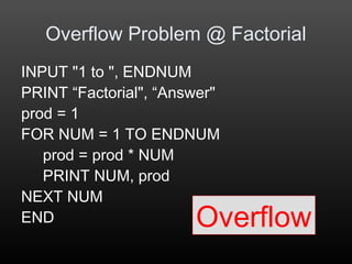 Overflow Problem @ Factorial
INPUT "1 to ", ENDNUM
PRINT “Factorial", “Answer"
prod = 1
FOR NUM = 1 TO ENDNUM
prod = prod * NUM
PRINT NUM, prod
NEXT NUM
END Overflow
 