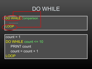 DO WHILE
DO WHILE Comparison
………
LOOP
count = 1
DO WHILE count <= 10
PRINT count
count = count + 1
LOOP
 