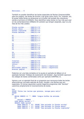 Retroceso..: 8

También es posible identificar las teclas especiales de flechas (Imprescindible
para los juegos), las teclas de función y las otras como Inicio, Fin, Insertar, etc.
Al pulsar estas teclas se almacenan en el buffer del teclado dos caracteres,
siendo el primero el CHR$(0). Para identificar estas teclas no hay más que usar
en las comprobaciones CHR$(0)+El carácter que tengan asignado, aquí va una
lista de los más usados:

Flecha   arriba......:    CHR$(0)+"H"
Flecha   abajo.......:    CHR$(0)+"P"
Flecha   izquierda...:    CHR$(0)+"K"
Flecha   derecha.....:    CHR$(0)+"M"

F1.................:      CHR$(0)+";"
F2.................:      CHR$(0)+"<"
F3.................:      CHR$(0)+"="
F4.................:      CHR$(0)+">"

F5.................:      CHR$(0)+"?"
F6.................:      CHR$(0)+"@"
F7.................:      CHR$(0)+"A"
F8.................:      CHR$(0)+"B"

F9.................:      CHR$(0)+"C"
F10................:      CHR$(0)+"D"
F11................:      CHR$(0)+CHR$(133)
F12................:      CHR$(0)+CHR$(134)

Insertar...........:      CHR$(0)+"R"
suprimir...........:      CHR$(0)+"S"
Inicio.............:      CHR$(0)+"G"
Fin................:      CHR$(0)+"O" (Letra o mayúscula)
Retroceder página..:      CHR$(0)+"I" (Letra i mayúscula)
Avanzar página.....:      CHR$(0)+"Q"

Podemos ver una lista completa en la ayuda en pantalla de QBasic en el
apartado llamado "Códigos de exploración del teclado". Aquí también aparecen
los códigos de teclas combinadas como por ejemplo CONTROL+Z.

Vamos a ver un ejemplo final de un programa que reconozca todas las teclas
alfanuméricas normales además de Enter, Escape y las flechas que son
especiales. En temas siguientes cuando hagamos programas más "bonitos"
usaremos ampliamente el reconocimiento de teclas.

CLS
PRINT "Pulsa las teclas que quieras, escape para salir"
PRINT
DO
   WHILE INKEY$ <> "": WEND 'Limpia buffer de entrada
   DO
      tecla$ = INKEY$
   LOOP WHILE tecla$ = ""
   SELECT CASE tecla$
      CASE CHR$(0) + "H": PRINT "Has pulsado la flecha arriba"
      CASE CHR$(0) + "P": PRINT "Has pulsado la flecha abajo"
      CASE CHR$(0) + "K": PRINT "Has pulsado la flecha izquierda"
 