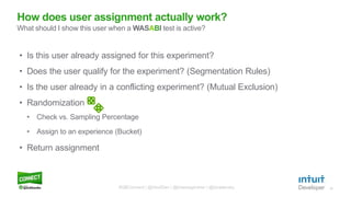 17
• Is this user already assigned for this experiment?
• Does the user qualify for the experiment? (Segmentation Rules)
• Is the user already in a conflicting experiment? (Mutual Exclusion)
• Randomization
• Check vs. Sampling Percentage
• Assign to an experience (Bucket)
• Return assignment
How does user assignment actually work?
What should I show this user when a WASABI test is active?
#QBConnect | @IntuitDev | @brianwgardner | @iizrailevsky
 
