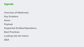 Overview of Webhooks
Key Enablers
Demo
Payload
Supported Entities/Operations
Best Practices
Looking into the future
Q&A
Agenda
 