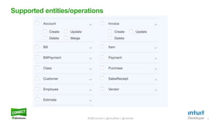 9
Supported entities/operations
#QBConnect | @IntuitDev | @vishala
 
