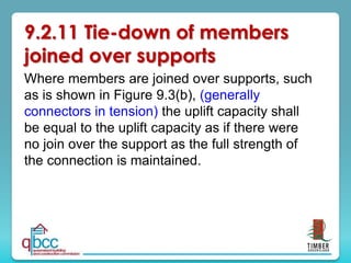 Where members are joined over supports, such
as is shown in Figure 9.3(b), (generally
connectors in tension) the uplift capacity shall
be equal to the uplift capacity as if there were
no join over the support as the full strength of
the connection is maintained.
9.2.11 Tie-down of members
joined over supports
 