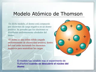 Modelo Atómico de Thomson
En dicho modelo, el átomo está compuesto
por electrones de carga negativa en un átomo
positivo. Se pensaba que los electrones se
distribuían uniformemente alrededor del
átomo.
El átomo es una esfera sólida cargada
uniformemente de electricidad positiva, dentro
del cual están incrustado los electrones
negativos para neutralizar las cargas
El modelo fue rebatido tras el experimento de
Rutherford cuando se descubrió el núcleo del
átomo
 