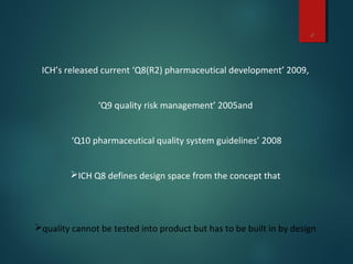2
ICH’s released current ‘Q8(R2) pharmaceutical development’ 2009,
‘Q9 quality risk management’ 2005and
‘Q10 pharmaceutical quality system guidelines’ 2008
ICH Q8 defines design space from the concept that
quality cannot be tested into product but has to be built in by design
 