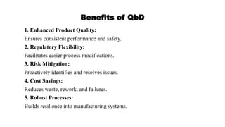 Benefits of QbD
1. Enhanced Product Quality:
Ensures consistent performance and safety.
2. Regulatory Flexibility:
Facilitates easier process modifications.
3. Risk Mitigation:
Proactively identifies and resolves issues.
4. Cost Savings:
Reduces waste, rework, and failures.
5. Robust Processes:
Builds resilience into manufacturing systems.
 