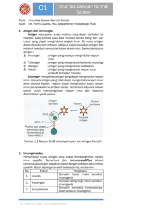 AUTHORED BY: IQBAL TAUFIQQURRACHMAN 1
C1 Imunitas Bawaan Normal
Seluler
Topik : Imunitas Bawaan Normal Seluler
Tutor : dr. Yenny Djuardi, Ph.D (Departemen Parasitologi FKUI)
A. Antigen dan Immunogen
Antigen merupakan suatu molekul yang dapat berikatan ke
reseptor pada limfosit atau bisa menjadi benda asing dari luar
tubuh yang dapat menginduksi respon imun. Di mana antigen
dapat dikenali oleh antibodi. Molekul dapat dikatakan antigen bila
molekul tersebut mampu berikatan ke sel imun. Berikut jenis-jenis
antigen :
1) Imunogen : antigen yang mampu menginduksi respon
imun
2) Tolerogen : antigen yang menginduksi toleransi imunologi
3) Allergen : antigen yang menginduksi anafilaksis
4) Vaksin : antigen yang menginduksi respon imun
protektif terhadap mikroba
Imunogen merupakan antigen yang dapat menginduksi respon
imun. Jika ada antigen yang tidak dapat menginduksi respon imun
akan disebut hapten. Hapten dapat menginduksi suatu respon
imun jika berikatan ke protein carrier. Sementara adjuvant adalah
bahan untuk membangkitkan respon imun dan biasanya
ditambahkan pada vaksin.
B. Imunogenesitas
Kemampuan suatu antigen yang dapat membangkitkan respon
imun spesifik. Sementara jika immunoreaktifitas adalah
kemampuan antigen dapat berikatan dengan antibodi atau limfosit
spesifik. Dapat dipengaruhi oleh beberapa hal, antara lain :
No. Faktor Penjelasan
1. Ukuran
Semakin besar maka semakin
imunogenik
2. Keasingan
Semakin asing bagi tubuh semakin
imunogenik
3. Kompleksitas
Semakin kompleks komposisinya
akan semakin imunogenik
Gambar 1.1 Respon Sel B terhadap Hapten dan Antigen Komplit1
 