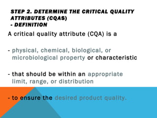 STEP 2. DETERMINE THE CRITICAL QUALITY 
ATTRIBUTES (CQAS) 
- DEFINITION 
A critical quality attribute (CQA) is a 
- physical, chemical, biological, or 
microbiological property or characteristic 
- that should be within an appropriate 
limit, range, or distribution 
- to ensure the desired product quality. 
 
