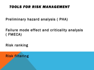 TOOLS FOR RISK MANAGEMENT 
Preliminary hazard analysis ( PHA) 
Failure mode effect and criticality analysis 
( FMECA) 
Risk ranking 
Risk filtering 
 