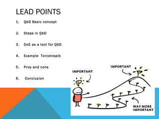 LEAD POINTS 
1. QbD Basic concept 
2. Steps in QbD 
3. DoE as a tool for QbD 
4. Example Torcetrapib 
5. Pros and cons 
6. Conclusion 
 