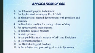 Applications of qbd
1. For Chromatographic techniques
2. For hyphenated techniques like LC-MS
3. In bioanalytical method development with precision and
accuracy
4. In dissolution studies for testing release of drug
5. For spectroscopic measurement
6. In modified release products
7. In tablet process
8. In compatibility study analysis of API and Excipients
9. In Biopharmaceuticals
10. For Biotechnological Products
11. In formulation and processing of protein liposomes.
 