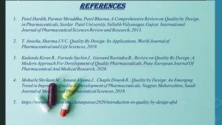 References
1. Patel Hardik, Parmar Shraddha, Patel Bhavna,A ComprehensiveReviewon Qualityby Design
in Pharmaceuticals,Sardar Patel University,VallabhVidyanagar, Gujrat International
Journal of PharmaceuticalSciencesReviewand Research,2013.
2. T. Anusha,SharmaJ.V.C, QualityBy Design:Its Applications, World Journalof
Pharmaceuticaland LifeSciences, 2019.
3. KudandeKiran B., FartadeSachinJ., Gawand RavindraB., Reviewon QualityBy Design:A
Modern Approach For Development of QualityPharmaceuticals,Pune European JournalOf
PharmaceuticalAnd MedicalResearch, 2020.
4. MohurleShrikantM., Asnani AlpanaJ., ChapleDinesh R., Qualityby Design:An Emerging
Trend in ImprovingQuality& Developmentof Pharmaceuticals, Nagpur,Maharashtra,Saudi
Journal of Medicaland PharmaceuticalSciences,2019.
5. https://www.slideshare.net/chetanpawar2829/introduction-to-quality-by-design-qbd
 
