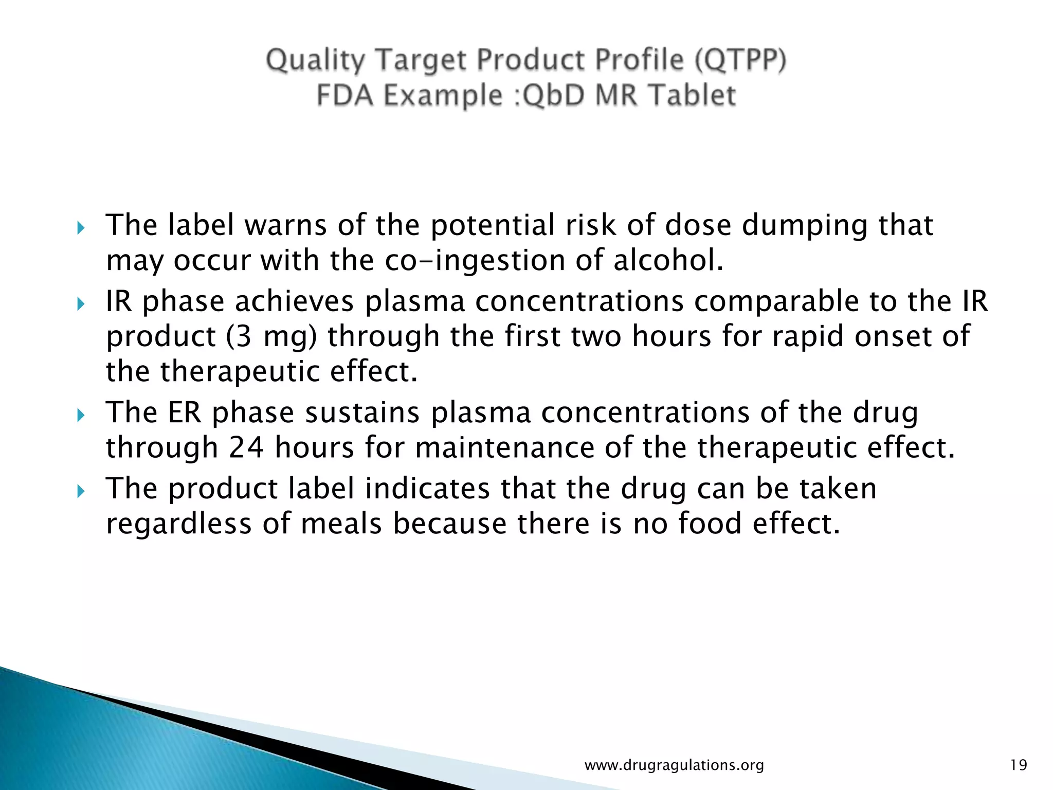    The label warns of the potential risk of dose dumping that
    may occur with the co-ingestion of alcohol.
   IR phase achieves plasma concentrations comparable to the IR
    product (3 mg) through the first two hours for rapid onset of
    the therapeutic effect.
   The ER phase sustains plasma concentrations of the drug
    through 24 hours for maintenance of the therapeutic effect.
   The product label indicates that the drug can be taken
    regardless of meals because there is no food effect.




                                     www.drugragulations.org        19
 