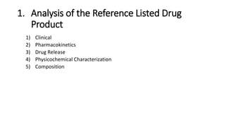1. Analysis of the Reference Listed Drug
Product
1) Clinical
2) Pharmacokinetics
3) Drug Release
4) Physicochemical Characterization
5) Composition
 