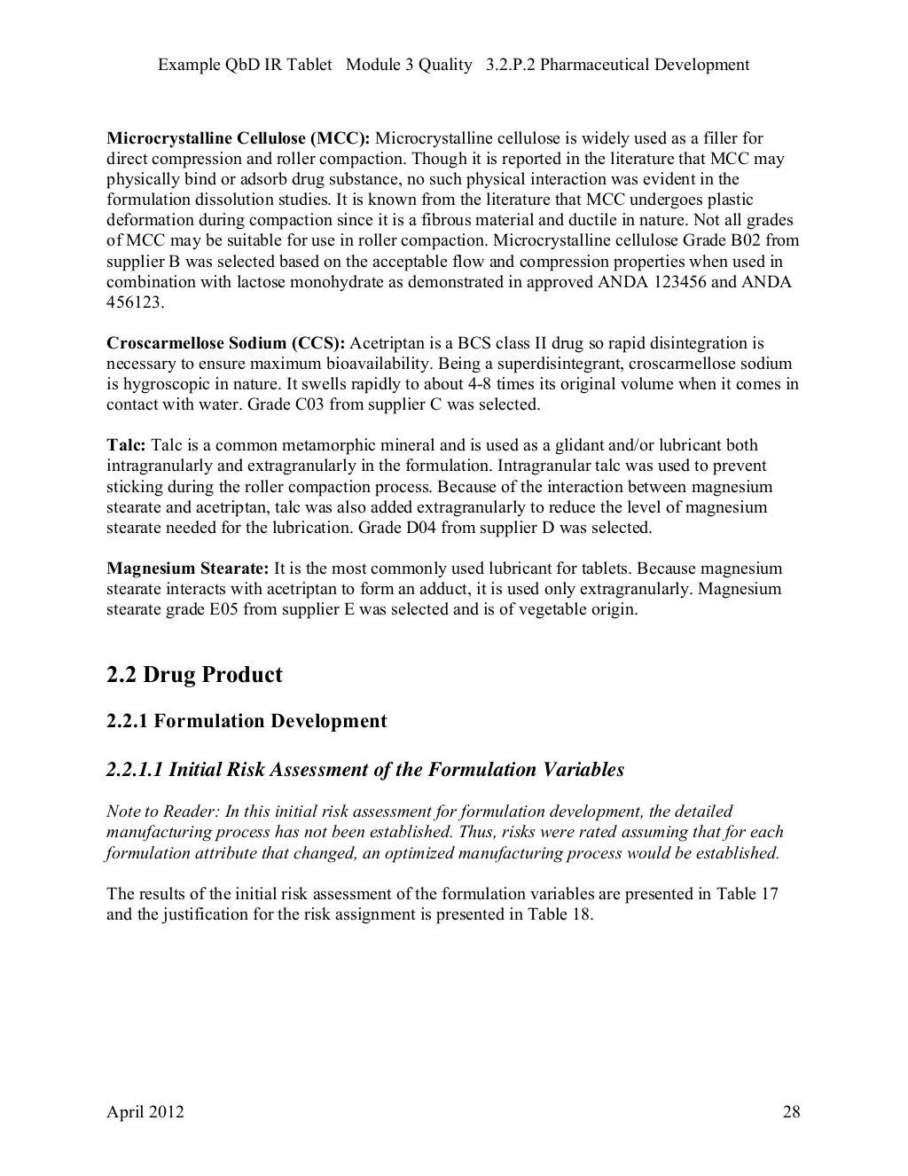 QbD IR Tablets FDA Example