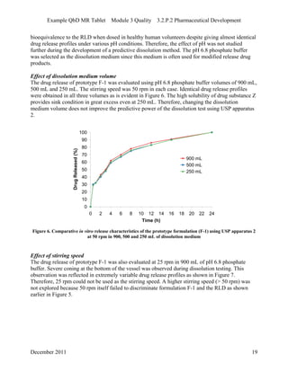 Example QbD MR Tablet Module 3 Quality 3.2.P.2 Pharmaceutical Development
bioequivalence to the RLD when dosed in healthy human volunteers despite giving almost identical
drug release profiles under various pH conditions. Therefore, the effect of pH was not studied
further during the development of a predictive dissolution method. The pH 6.8 phosphate buffer
was selected as the dissolution medium since this medium is often used for modified release drug
products.
Effect of dissolution medium volume
The drug release of prototype F-1 was evaluated using pH 6.8 phosphate buffer volumes of 900 mL,
500 mL and 250 mL. The stirring speed was 50 rpm in each case. Identical drug release profiles
were obtained in all three volumes as is evident in Figure 6. The high solubility of drug substance Z
provides sink condition in great excess even at 250 mL. Therefore, changing the dissolution
medium volume does not improve the predictive power of the dissolution test using USP apparatus
2.
0
10
20
30
40
50
60
70
80
90
100
0 2 4 6 8 10 12 14 16 18 20 22 24
Time (h)
DrugReleased(%)
900 mL
500 mL
250 mL
Figure 6. Comparative in vitro release characteristics of the prototype formulation (F-1) using USP apparatus 2
at 50 rpm in 900, 500 and 250 mL of dissolution medium
Effect of stirring speed
The drug release of prototype F-1 was also evaluated at 25 rpm in 900 mL of pH 6.8 phosphate
buffer. Severe coning at the bottom of the vessel was observed during dissolution testing. This
observation was reflected in extremely variable drug release profiles as shown in Figure 7.
Therefore, 25 rpm could not be used as the stirring speed. A higher stirring speed (> 50 rpm) was
not explored because 50 rpm itself failed to discriminate formulation F-1 and the RLD as shown
earlier in Figure 5.
December 2011 19
 