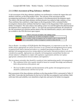 Example QbD MR Tablet Module 3 Quality 3.2.P.2 Pharmaceutical Development
2.1.1.4 Risk Assessment of Drug Substance Attributes
A risk assessment of the drug substance attributes was performed to evaluate the impact that each
attribute could have on the drug product CQAs. The outcome of the assessment and the
accompanying justification is provided as a summary in the pharmaceutical development report.
The relative risk that each drug substance attribute presents was ranked as high, medium, or low.
Those attributes that could have a high impact on the drug product CQAs warranted further
investigation whereas those attributes that had low impact on the drug product CQAs required no
further investigation. The same relative risk ranking system was used throughout the pharmaceutical
development and is summarized in Table 11. For each risk assessment performed, the rationale for
the risk assessment tool selection and the details of the risk identification, analysis, and evaluation
are available to the FDA Reviewer upon request.
Table 11. Overview of relative risk ranking system
Low Broadly acceptable risk. No further investigation is needed.
Medium Risk is accepted. Further investigation may be needed in order to reduce the risk.
High Risk is unacceptable. Further investigation is needed to reduce the risk.
Note to Reader: According to ICH Q9 Quality Risk Management, it is important to note that “it is
neither always appropriate nor always necessary to use a formal risk management process (using
recognized tools and/or internal procedures e.g. standard operating procedures). The use of
informal risk management processes (using empirical tools and/or internal procedures) can also be
considered acceptable. Appropriate use of quality risk management can facilitate but does not
obviate industry’s obligation to comply with regulatory requirements and does not replace
appropriate communications between industry and regulators.”
The two primary principles that should be considered when implementing quality risk management:
• The evaluation of the risk to quality should be based on scientific knowledge and ultimately
link to the protection of the patient; and
• The level of effort, formality and documentation of the quality risk management process
should be commensurate with the level of risk.
Risk assessment of the drug substance attributes on the drug product CQAs is presented in Table 12
and Table 13 provides the justification for the level of risk that was assigned to each attribute. Both
solid state form and solubility were identified as high risks and need to be further investigated.
December 2011 31
 