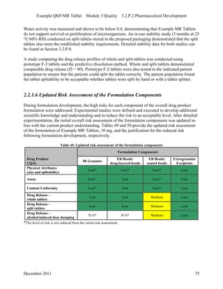 Example QbD MR Tablet Module 3 Quality 3.2.P.2 Pharmaceutical Development
Water activity was measured and shown to be below 0.4, demonstrating that Example MR Tablets
do not support survival or proliferation of microorganisms. An in-use stability study (3 months at 25
°C/60% RH) conducted on split tablets stored in the proposed packaging demonstrated that the split
tablets also meet the established stability requirements. Detailed stability data for both studies can
be found in Section 3.2.P.8.
A study comparing the drug release profiles of whole and split tablets was conducted using
prototype F-2 tablets and the predictive dissolution method. Whole and split tablets demonstrated
comparable drug release (f2 = 80). Prototype F-2 tablets were also tested in the indicated patient
population to ensure that the patients could split the tablet correctly. The patient population found
the tablet splitability to be acceptable whether tablets were split by hand or with a tablet splitter.
2.2.1.6 Updated Risk Assessment of the Formulation Components
During formulation development, the high risks for each component of the overall drug product
formulation were addressed. Experimental studies were defined and executed to develop additional
scientific knowledge and understanding and to reduce the risk to an acceptable level. After detailed
experimentation, the initial overall risk assessment of the formulation components was updated in-
line with the current product understanding. Tables 49 and 50 provide the updated risk assessment
of the formulation of Example MR Tablets, 10 mg, and the justification for the reduced risk
following formulation development, respectively.
Table 49. Updated risk assessment of the formulation components
Formulation Components
Drug Product
CQAs
IR Granules
ER Beads:
drug-layered beads
ER Beads:
coated beads
Extragranular
Excipients
Physical Attributes
(size and splitability)
Low* Low* Low* Low
Assay Low* Low Low* Low
Content Uniformity Low* Low Low* Low
Drug Release –
whole tablets
Low Low Medium Low
Drug Release –
split tablets
Low Low Medium Low
Drug Release –
alcohol-induced dose dumping
N/A* N/A* Medium Low
*The level of risk is not reduced from the initial risk assessment.
December 2011 75
 