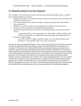 Example QbD MR Tablet Module 3 Quality 3.2.P.2 Pharmaceutical Development
December 2011 78
2.3 Manufacturing Process Development
Note to Reader: This section involves process development and understanding. Steps to establish
process understanding are as follows:
• Identify all possible known material attributes and process parameters that could impact the
performance of the process.
• Use risk assessment and scientific knowledge to identify potentially high risk attributes
and/or parameters.
• Identify levels or ranges of these potentially high risk attributes and/or parameters.
• Design and conduct experiments, using DOE when appropriate.
• Analyze the experimental data to determine if a material attribute or process parameter is
critical.
– A material attribute or process parameter is critical when a realistic change in that
attribute or parameter can significantly impact the quality of the output material.
• Develop a control strategy.
– For CMAs and CPPs, define acceptable ranges. For non-critical attributes and
parameters, the acceptable range is the range investigated.
The process map for Example MR Tablets, 10 mg, is presented in Figure 28. This process map lists
all of the unit operations in the manufacturing process for Example MR Tablets in the sequence of
occurrence. It also presents how input material attributes and manufacturing process parameters can
potentially impact intermediate and finished product quality attributes. The attributes of incoming raw
materials and the process parameters used at the very first unit operation determine the quality attributes
of the output material (intermediate) produced at this step. Attributes of the intermediate and processing
parameters of the subsequent unit operations in the manufacturing scheme will determine quality
attributes of the next intermediate and, eventually, those of the finished drug product. This cycle repeats
until the final unit operation where finished product is manufactured and the finished product quality
attributes are evaluated. Note that this process map excludes the quantities of raw materials (i.e.
binder, coating agent, plasticizer, pore former, anti-tacking agent and extragranular excipients) from
the material attributes column because these are evaluated as part of formulation development.
 