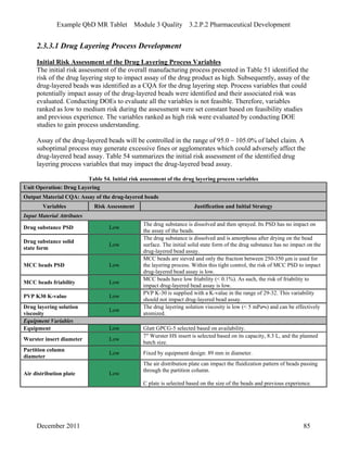 Example QbD MR Tablet Module 3 Quality 3.2.P.2 Pharmaceutical Development
2.3.3.1 Drug Layering Process Development
Initial Risk Assessment of the Drug Layering Process Variables
The initial risk assessment of the overall manufacturing process presented in Table 51 identified the
risk of the drug layering step to impact assay of the drug product as high. Subsequently, assay of the
drug-layered beads was identified as a CQA for the drug layering step. Process variables that could
potentially impact assay of the drug-layered beads were identified and their associated risk was
evaluated. Conducting DOEs to evaluate all the variables is not feasible. Therefore, variables
ranked as low to medium risk during the assessment were set constant based on feasibility studies
and previous experience. The variables ranked as high risk were evaluated by conducting DOE
studies to gain process understanding.
Assay of the drug-layered beads will be controlled in the range of 95.0 – 105.0% of label claim. A
suboptimal process may generate excessive fines or agglomerates which could adversely affect the
drug-layered bead assay. Table 54 summarizes the initial risk assessment of the identified drug
layering process variables that may impact the drug-layered bead assay.
Table 54. Initial risk assessment of the drug layering process variables
Unit Operation: Drug Layering
Output Material CQA: Assay of the drug-layered beads
Variables Risk Assessment Justification and Initial Strategy
Input Material Attributes
Drug substance PSD Low
The drug substance is dissolved and then sprayed. Its PSD has no impact on
the assay of the beads.
Drug substance solid
state form
Low
The drug substance is dissolved and is amorphous after drying on the bead
surface. The initial solid state form of the drug substance has no impact on the
drug-layered bead assay.
MCC beads PSD Low
MCC beads are sieved and only the fraction between 250-350 μm is used for
the layering process. Within this tight control, the risk of MCC PSD to impact
drug-layered bead assay is low.
MCC beads friability Low
MCC beads have low friability (< 0.1%). As such, the risk of friability to
impact drug-layered bead assay is low.
PVP K30 K-value Low
PVP K-30 is supplied with a K-value in the range of 29-32. This variability
should not impact drug-layered bead assay.
Drug layering solution
viscosity
Low
The drug layering solution viscosity is low (< 5 mPa•s) and can be effectively
atomized.
Equipment Variables
Equipment Low Glatt GPCG-5 selected based on availability.
Wurster insert diameter Low
7″ Wurster HS insert is selected based on its capacity, 8.3 L, and the planned
batch size.
Partition column
diameter
Low Fixed by equipment design: 89 mm in diameter.
Air distribution plate Low
The air distribution plate can impact the fluidization pattern of beads passing
through the partition column.
C plate is selected based on the size of the beads and previous experience.
December 2011 85
 