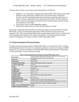 Example QbD MR Tablet Module 3 Quality 3.2.P.2 Pharmaceutical Development
The drug release profiles convey three critical characteristics of the RLD:
1. Biphasic in vitro drug release suggests that the Brand MR Tablet design contains both
IR (30% of the nominal dose) and ER (70% of the nominal dose) components.
Primarily, the IR component provides the first plasma concentration peak shown in
Figure 1 which is responsible for the initial onset of the effect. The ER component
likely causes the second peak which provides the sustained release exposure to drug
for maintenance of the effect.
2. Drug release occurs in a pH-independent manner.
3. Drug release characteristics of whole and split tablets are similar.
To provide a comparable release profile to the RLD, the target for drug release from Example
MR Tablets, 10 mg, was based upon rapid release (NMT 30 minutes (min)) of the active
ingredient (30% of the nominal dose) followed by extended release (from 30 min to 24 hours (h))
of the remaining ER component (70% of the nominal dose). The initial dissolution method
utilized USP apparatus 2 at 50 rpm in 900 mL of pH 6.8 phosphate buffer.
1.2.4 Physicochemical Characterization
The physicochemical characterization of Brand MR Tablets is summarized in Table 2. Notably,
the disintegration observation and cross-sectional examination via optical microscopy and SEM
(Figures 3a, 3b, and 3c) are indicative of the Brand MR Tablet being composed of intact beads
(~0.45 mm) having 2-3 layers of polymer coating.
Table 2. Physicochemical characterization of Brand MR Tablets, 10 mg
Description
White capsule-shaped tablet debossed with “XX” on one side of
the break line and “234” on the other side
Batch No. A0420B
Expiry date June 2009
Strength (Label claim) Each scored tablet contains 10 mg of Z
Average weight (mg) 250.70
Score Yes, divides into two equal parts
Coating Uncoated
Length (mm) 10.97 – 11.02
Width (mm) 5.48 – 5.53
Thickness (mm) 5.73 – 5.77
Volume (mm3
) 207.50 measured using image analysis
Hardness (kP) 10 – 12
Disintegration time 1 min 30 sec
Disintegration Observation Beads are observed after tablet disintegration
Optical microscopy Cross section of tablet reveals beads with a diameter of ~0.45 mm
SEM Intact beads with 2-3 layers of polymer coating
Assay, % w/w of labeled amount 100.2
Highest Individual unknown 0.10
December 2011 9
 
