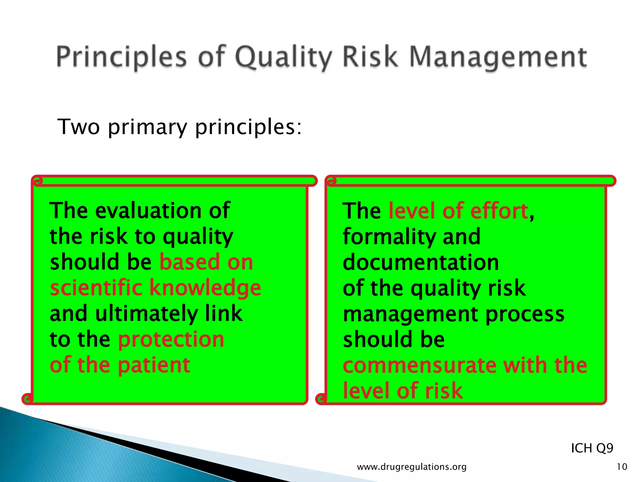 Two primary principles:


The evaluation of         The level of effort,
the risk to quality       formality and
should be based on        documentation
scientific knowledge      of the quality risk
and ultimately link       management process
to the protection         should be
of the patient            commensurate with the
                          level of risk

                                                     ICH Q9
                           www.drugregulations.org            10
 