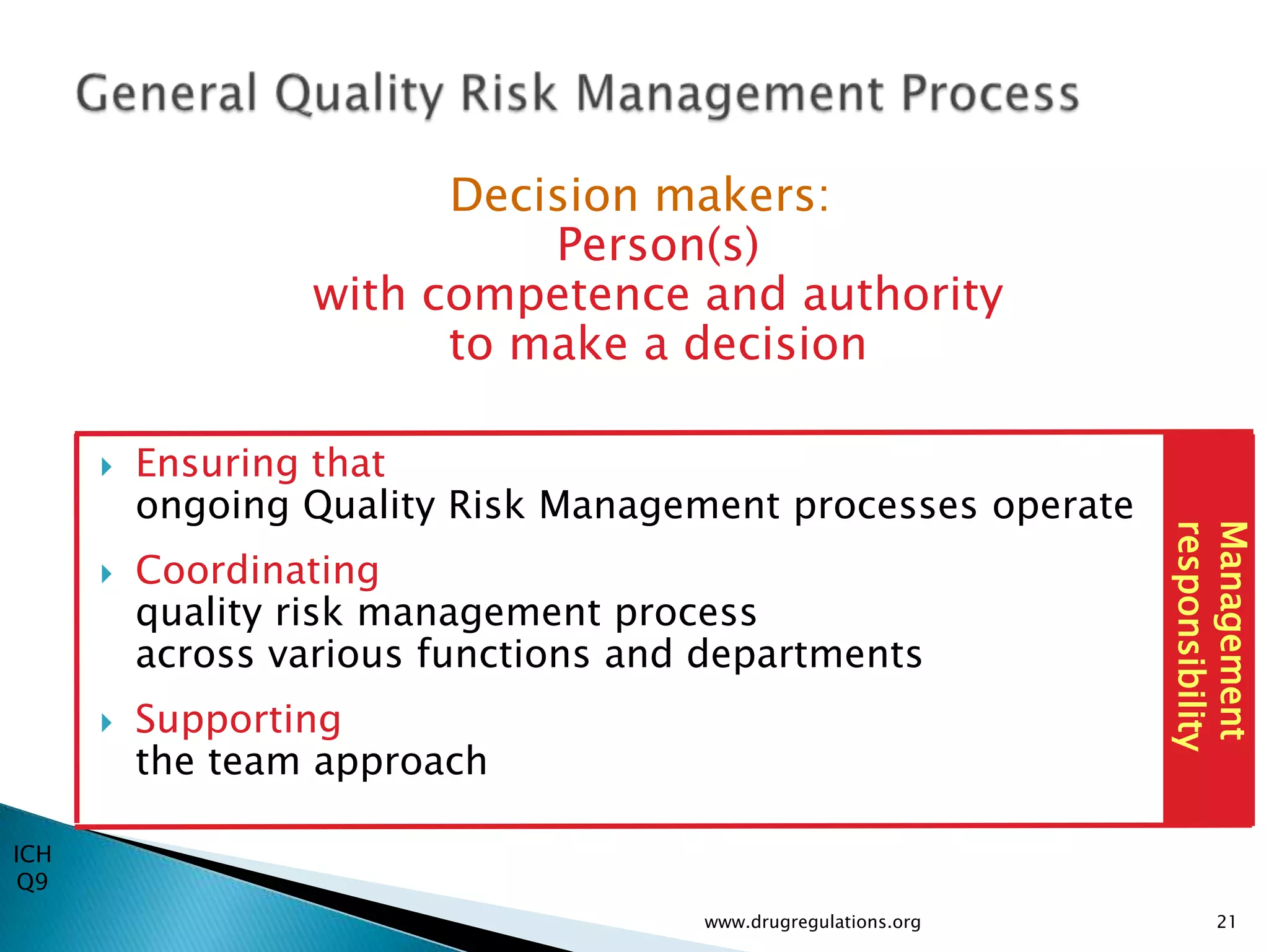 Decision makers:
                             Person(s)
                   with competence and authority
                         to make a decision

         Ensuring that
          ongoing Quality Risk Management processes operate




                                                                Management
                                                                responsibility
         Coordinating
          quality risk management process
          across various functions and departments
         Supporting
          the team approach

ICH
 Q9
                                      www.drugregulations.org          21
 