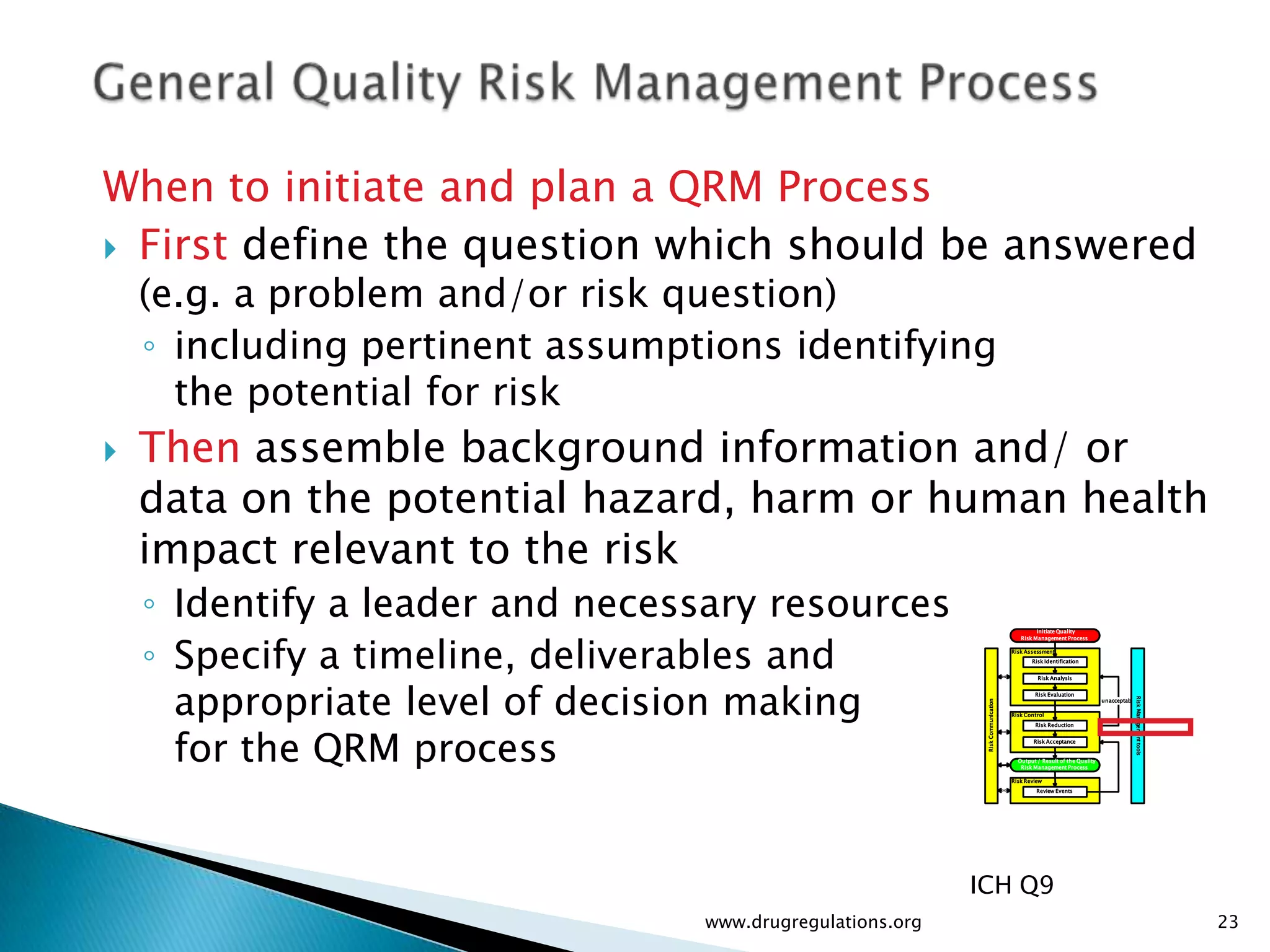 When to initiate and plan a QRM Process
 First define the question which should be answered
    (e.g. a problem and/or risk question)
    ◦ including pertinent assumptions identifying
      the potential for risk
   Then assemble background information and/ or
    data on the potential hazard, harm or human health
    impact relevant to the risk
    ◦ Identify a leader and necessary resources
    ◦ Specify a timeline, deliverables and
                                                                                          Initiate Quality
                                                                                    Risk Management Process

                                                                                 Risk Assessment
                                                                                        Risk Identification




      appropriate level of decision making
                                                                                          Risk Analysis


                                                                                         Risk Evaluation




                                                                                                                                   Risk Management tools
                                                                                                                    unacceptable




                                                            Risk Communication
                                                                                 Risk Control




      for the QRM process
                                                                                         Risk Reduction


                                                                                         Risk Acceptance


                                                                                   Output / Result of the Quality
                                                                                    Risk Management Process

                                                                                 Risk Review
                                                                                          Review Events




                                                           ICH Q9
                                 www.drugregulations.org                                                                                                   23
 