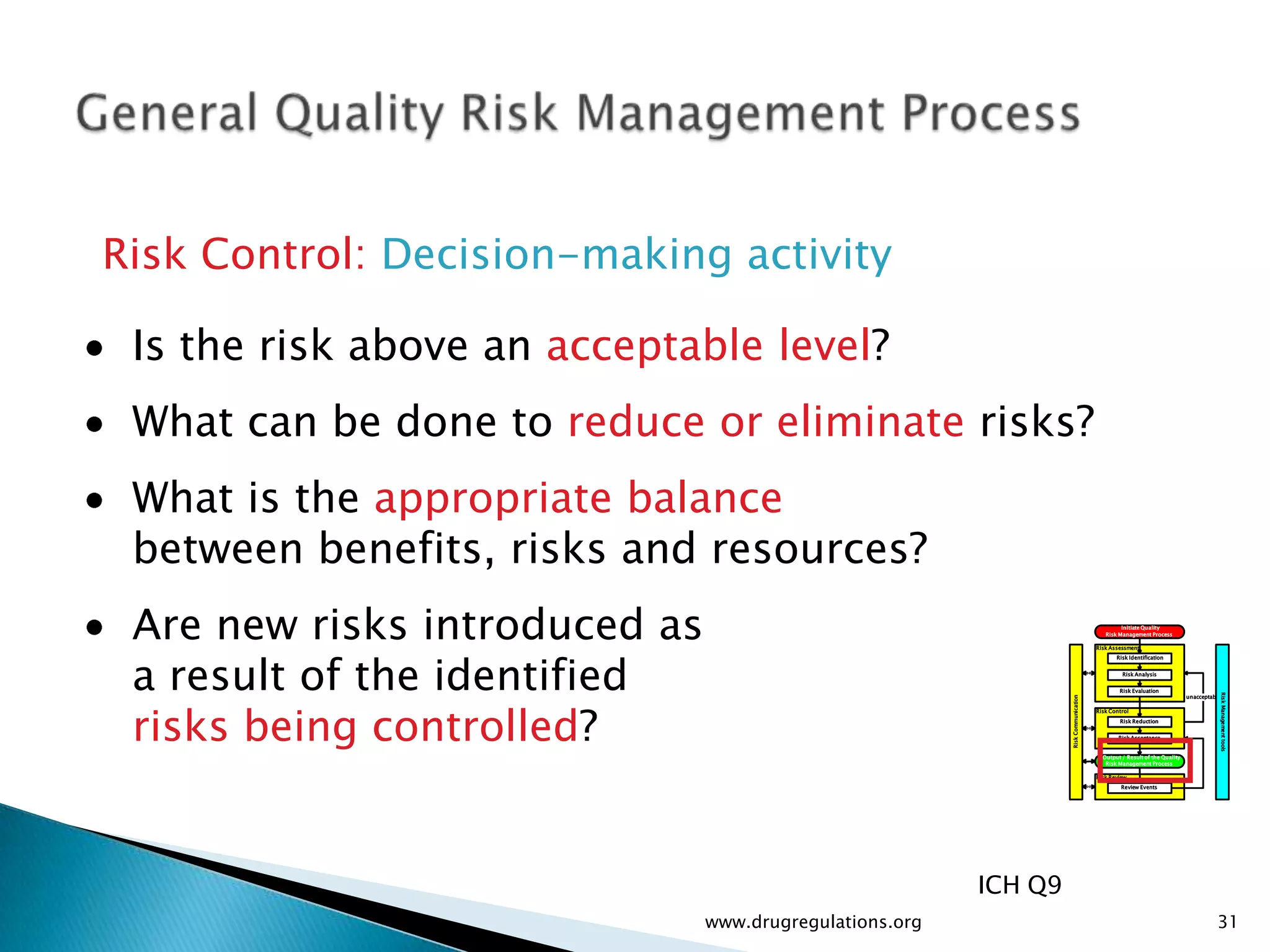 Risk Control: Decision-making activity

 Is the risk above an acceptable level?
 What can be done to reduce or eliminate risks?
 What is the appropriate balance
 between benefits, risks and resources?
 Are new risks introduced as                                                                    Initiate Quality
                                                                                          Risk Management Process




 a result of the identified
                                                                                       Risk Assessment
                                                                                              Risk Identification


                                                                                                Risk Analysis


                                                                                               Risk Evaluation




                                                                                                                                         Risk Management tools
                                                                                                                          unacceptable




 risks being controlled?




                                                                  Risk Communication
                                                                                       Risk Control
                                                                                               Risk Reduction


                                                                                               Risk Acceptance


                                                                                         Output / Result of the Quality
                                                                                          Risk Management Process

                                                                                       Risk Review
                                                                                                Review Events




                                                         ICH Q9
                               www.drugregulations.org                                                                              31
 
