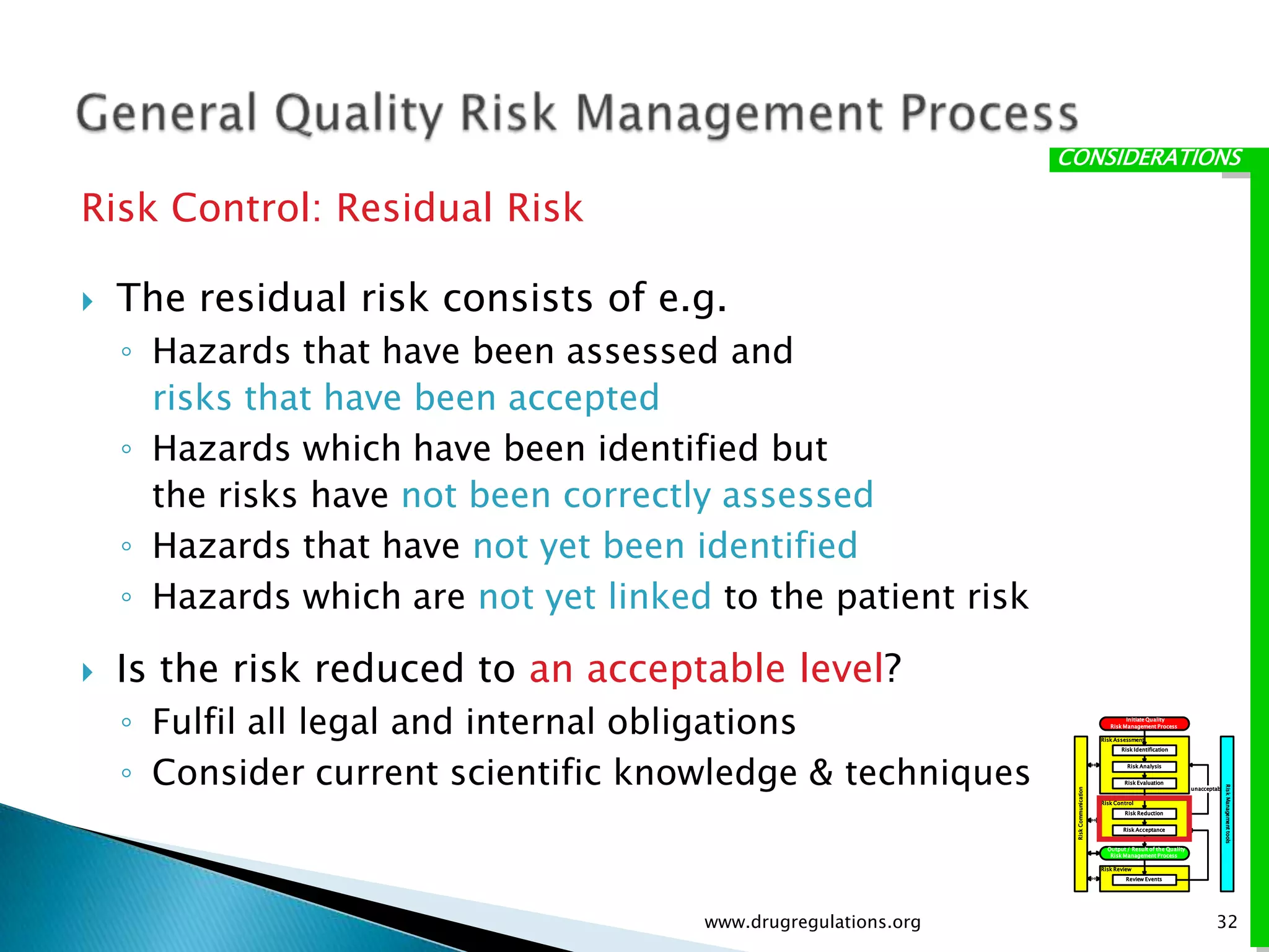 CONSIDERATIONS

Risk Control: Residual Risk

   The residual risk consists of e.g.
    ◦ Hazards that have been assessed and
      risks that have been accepted
    ◦ Hazards which have been identified but
      the risks have not been correctly assessed
    ◦ Hazards that have not yet been identified
    ◦ Hazards which are not yet linked to the patient risk

   Is the risk reduced to an acceptable level?
    ◦ Fulfil all legal and internal obligations                                                Initiate Quality
                                                                                         Risk Management Process

                                                                                      Risk Assessment
                                                                                             Risk Identification




    ◦ Consider current scientific knowledge & techniques                                       Risk Analysis


                                                                                              Risk Evaluation




                                                                                                                                        Risk Management tools
                                                                                                                         unacceptable




                                                                 Risk Communication
                                                                                      Risk Control
                                                                                              Risk Reduction


                                                                                              Risk Acceptance


                                                                                        Output / Result of the Quality
                                                                                         Risk Management Process

                                                                                      Risk Review
                                                                                               Review Events




                                      www.drugregulations.org                                                                    32
 