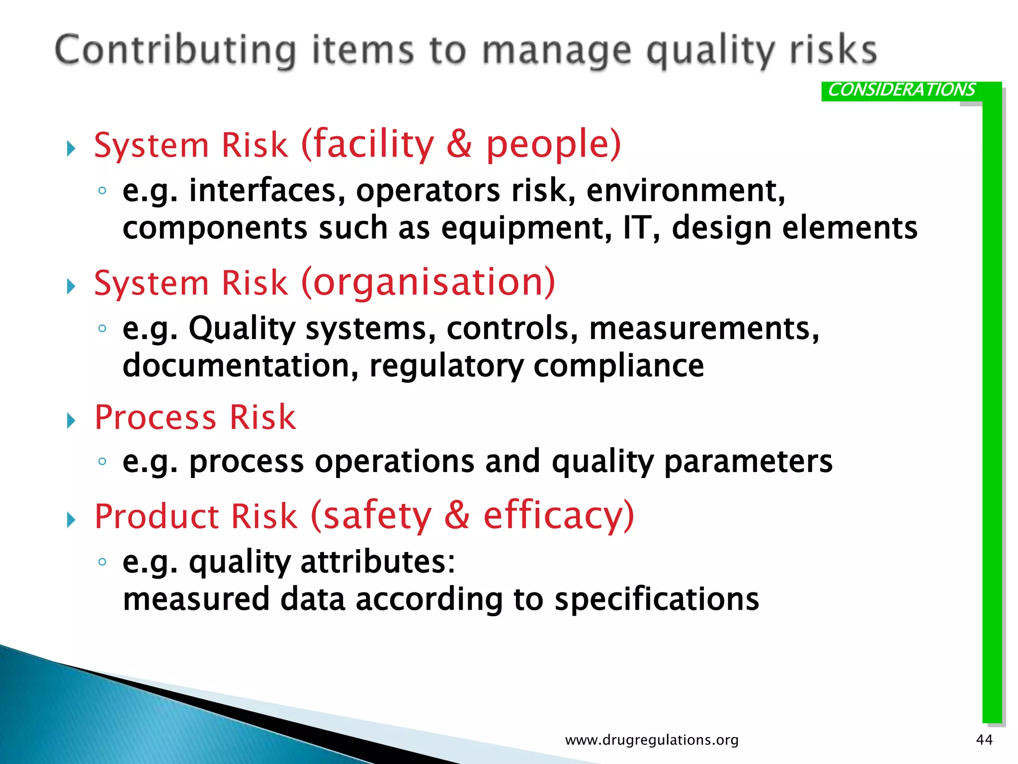 CONSIDERATIONS


   System Risk (facility & people)
    ◦ e.g. interfaces, operators risk, environment,
      components such as equipment, IT, design elements
   System Risk (organisation)
    ◦ e.g. Quality systems, controls, measurements,
      documentation, regulatory compliance
   Process Risk
    ◦ e.g. process operations and quality parameters
   Product Risk (safety & efficacy)
    ◦ e.g. quality attributes:
      measured data according to specifications



                                  www.drugregulations.org                    44
 