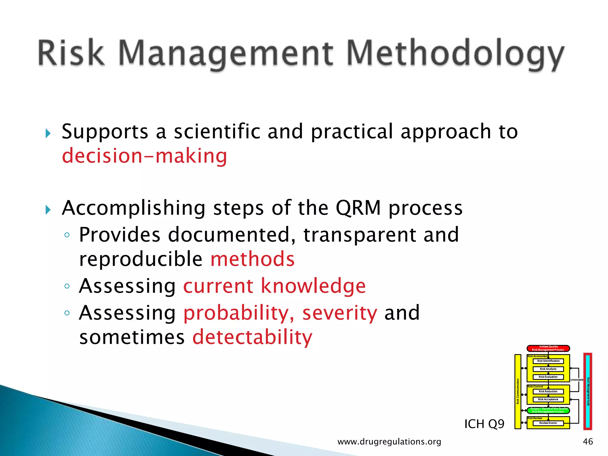    Supports a scientific and practical approach to
    decision-making

   Accomplishing steps of the QRM process
    ◦ Provides documented, transparent and
      reproducible methods
    ◦ Assessing current knowledge
    ◦ Assessing probability, severity and
      sometimes detectability                                                                    Initiate Quality
                                                                                           Risk Management Process

                                                                                        Risk Assessment
                                                                                               Risk Identification


                                                                                                 Risk Analysis


                                                                                                Risk Evaluation




                                                                                                                                          Risk Management tools
                                                                                                                           unacceptable




                                                                   Risk Communication
                                                                                        Risk Control
                                                                                                Risk Reduction


                                                                                                Risk Acceptance


                                                                                          Output / Result of the Quality
                                                                                           Risk Management Process




                                                          ICH Q9
                                                                                        Risk Review
                                                                                                 Review Events




                                www.drugregulations.org                                                                            46
 