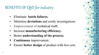 BENEFITS OF QbD for industry
▪ Eliminate batch failures.
▪ Minimize deviations and costly investigations.
▪ Empowerment of technical staff.
▪ Increase manufacturing efficiency.
▪ Better understanding of the process.
 Continuous improvement.
 Ensure better design of product with less cost.
7
 