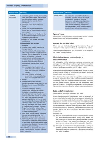 Business Property cover section


  Word or term   Meaning                                           Word or term       Meaning
  Contents       5. 	computer systems records, manuscripts,        Market Value       the estimated amount for which the
  (continued)        other documents, deeds, specifications,                          Business Property should exchange
                     plans, drawings, designs, business                               immediately before the damage,
                     books and other records of every                                 between a willing buyer and a willing
                     description                                                      seller in an arms-length transaction,
                 6. 	paintings, works of art and curios                               after proper marketing, wherein the
                 7. 	Stock                                                            parties had each acted knowledgeably,
                 8. 	goods sold but not delivered and                                 prudently and without compulsion.
                     goods held by You on consignment or
                     commission
                 9. 	property not owned by You but on Your        Types of cover
                     Business Premises for service, repair,
                                                                  The scope of cover provided is explained in the clauses ‘Defined
                     alteration or safe keeping
                                                                  events cover’ and ‘Accidental damage cover’.
                 10.	 roperty of Your welfare, sports and
                     p
                     social clubs.
                 Contents does not include:                       How we will pay Your claim
                 1. 	Buildings                                    There are two methods of paying Your claims. They are
                 2. 	growing crops, trees or plants other         ‘reinstatement or replacement value’ and ‘indemnity value’.
                     than pot-plants
                 3. 	animals, livestock, fish, birds and any      The claim payment method You are covered for is shown on
                     other living organism except laboratory      the current Policy Schedule.
                     cultures, Stocks of foodstuffs, of nursery
                     plants, or Stocks of a pet shop
                 4. 	motor Vehicles or trailers, caravans         Method of settlement – reinstatement or
                     or motorcycles all while registered or       replacement value
                     licensed to travel on a public road,         We will pay the cost of rebuilding, replacing or repairing any
                     provided that this exclusion will not        damaged part of Your Business Property to the same condition
                     apply to:                                    as when they were new or, where appropriate, in accordance
                     (i)	 mobile plant and equipment              with the ‘Output replacement’ clause set out below.
                           (excluding cars, sedans, panel
                           vans, and trucks) not otherwise        Business Property may be rebuilt or erected at another location
                           insured;                               and in a manner suitable to You provided You pay any additional
                     (ii)	 motor Vehicles or trailers,            costs to build or erect elsewhere.
                           caravans or motorcycles that are
                                                                  If the Business Property is lost or damaged You must commence
                           Stock in trade of Your Business
                                                                  to rebuild, replace or repair within a reasonable time of the loss
                 5. 	Money
                                                                  or damage, after our consent has been obtained. If You do
                 6. 	jewellery, furs, bullion, articles
                                                                  not, we will pay no more than the cost that would have been
                     containing gold and silver which are not
                                                                  incurred if the work of rebuilding, replacement or reinstatement
                     Stock and which exceed $10,000 any
                                                                  has been commenced and carried out with reasonable dispatch.
                     one item
                 7. 	Contents undergoing erection,
                     construction, alteration or addition
                                                                  Extra cost of reinstatement
                     (including the partial dismantlement
                     of existing structures), where the total     (Applicable to Buildings, machinery and plant).
                     contract value of all work to be carried     Where ‘Reinstatement or replacement’ basis of settlement is
                     out at any one Business Premises             shown in the Policy Schedule, this section extends to include the
                     exceeds $500,000 or 20% of the total
                                                                  extra cost of reinstatement (including demolition or dismantling)
                     sum insured on Buildings and Contents,
                                                                  of damaged property insured necessarily incurred to comply
                     whichever is the lesser, provided that
                                                                  with the requirements of any Act of Parliament or Regulation
                     this limit shall apply only to the portion
                                                                  made under an Act or By law or the Regulation of any Municipal
                     of the Business Premises or Business
                     Property which is the subject of any         or Statutory Authority, subject to the following provisions and
                     such work and not to any other portion       subject also to the terms, conditions and sums insured of
                     of the Business Property                     this section.
                 8. 	land, dams, bridges, canals, roadways,       Provided that:
                     tunnels, railway tracks (not at the          (a)	 the work of reinstatement, must be commenced and carried
                     Situation), wharves, docks and piers              out within a reasonable period, failing which we will not
                 9. 	Watercraft, Aircraft or any accessories,          pay more than the amount which would have been payable
                     equipment or spare parts whilst contained         under the Policy if the work of reinstatement had been
                     in or on these items unless they are Stock        commenced and carried out with reasonable dispatch;
                     and are on Your Business Premises at the
                     time of any loss or damage.                  (b)	 The work of reinstatement may be carried out wholly or
                 This definition of ‘Contents’ is subject              partially upon any other site, if the requirements of the Act,
                 to the ‘Designation of property’ General              Regulation or By-law necessitate it, subject to our liability
                 Policy condition.                                     not being increased.



 10
 