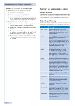 Money/Machinery and Electronic cover section


 What You are not covered for under this section                        Machinery and Electronic cover section
 1. 	 We will not pay for loss or damage caused by:

      (a)	 clerical or accounting errors                                Important Information
      (b)	 errors in receiving or paying out Money                      This Machinery and electronic cover section is divided into two
                                                                        parts, each with optional extensions for Your convenience. This
      (c)	 dishonest acts of Your directors, partners, employees        insurance and the Policy Schedule are to be read together.
           or any member of Your Family other than theft by an
           employee following visible forcible and violent entry.
                                                                        Words with special meaning
 2. 	 We will not pay for loss of or damage to:
                                                                        Some words have special meaning wherever they appear in
      (a)	 Money which was not discovered missing within ten            this section. These words and their meanings are listed below:
           working days of the loss or damage occurring

      (b)	 Money whilst contained in an unlocked and unattended          Word or term      Meaning
           Vehicle
                                                                         Dollar Excess     the amount specified in the Policy
      (c)	 Money from a Safe or Strongroom opened by a key                                 Schedule that You shall first contribute
           or by use of a combination which has been left on                               towards each claim, arising out of the
           the Business Premises outside Business Hours                                    one occurrence.

      (d)	 Money, except as provided under additional benefit –          Excess            for the purposes of this Part, the Excess
           ‘Traveller’s Money’, whilst it is outside the Commonwealth                      may be a Dollar Excess or a Time
           of Australia.                                                                   Excess.
                                                                                           We will subtract the applicable Excess
                                                                                           from the claim otherwise payable and we
                                                                                           will then pay to You the amount of loss
                                                                                           or damage up to the applicable Sum
                                                                                           Insured or Limit Any One Loss.

                                                                         Indemnity         the period beginning with the occurrence
                                                                         Period            of the Insured Damage and ending
                                                                                           no later than the number of months
                                                                                           specified in the Policy Schedule during
                                                                                           which the results of Your Business
                                                                                           shall be affected in consequence of the
                                                                                           Insured Damage.

                                                                         Insured           sudden and unforeseen physical loss or
                                                                         Damage            destruction of or damage to an Insured
                                                                                           Item due to any cause not excluded
                                                                                           under those Parts (and such extensions
                                                                                           to those Parts) which You have selected
                                                                                           to be insured under this section of Your
                                                                                           Policy and which occurs at the Situation
                                                                                           during the Period of Cover and which
                                                                                           requires immediate repair or replacement
                                                                                           to allow continuation of use.

                                                                         Insured Item      any item specified in the current Policy
                                                                                           Schedule.

                                                                         Limit Any One     the maximum amount we will pay for
                                                                         Loss              any one claim as specified in the Policy
                                                                                           Schedule and applies where blanket
                                                                                           cover has been selected.

                                                                         Situation         the Situation specified in the Policy
                                                                                           Schedule.

                                                                         Sum Insured       the relevant sum stated opposite each
                                                                                           Insured Item as specified in the Policy
                                                                                           Schedule and applies where ‘specified
                                                                                           items’ cover has been selected.

                                                                         Time Excess       the number of operating days specified
                                                                                           in the Policy Schedule during which You
                                                                                           must bear the loss.




 28
 
