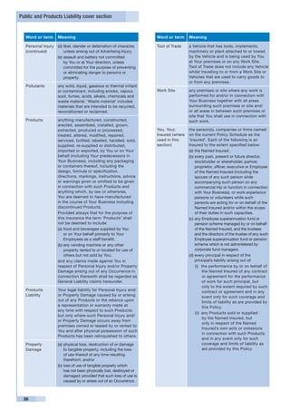 Public and Products Liability cover section


   Word or term      Meaning                                          Word or term     Meaning

   Personal Injury   (d)	libel, slander or defamation of character,   Tool of Trade    a Vehicle that has tools, implements,
   (continued)           unless arising out of Advertising Injury;                     machinery or plant attached to or towed
                     (e)	assault and battery not committed                             by the Vehicle and is being used by You
                         by You or at Your direction, unless                           at Your premises or on any Work Site.
                         committed for the purpose of preventing                       Tool of Trade does not include any Vehicle
                         or eliminating danger to persons or                           whilst travelling to or from a Work Site or
                         property.                                                     Vehicles that are used to carry goods to
                                                                                       or from any premises.
   Pollutants        any solid, liquid, gaseous or thermal irritant
                     or contaminant, including smoke, vapour,         Work Site        any premises or site where any work is
                     soot, fumes, acids, alkalis, chemicals and                        performed for and/or in connection with
                     waste material. ‘Waste material’ includes                         Your Business together with all areas
                     materials that are intended to be recycled,                       surrounding such premises or site and/
                     reconditioned or reclaimed.                                       or all areas in between such premises or
                                                                                       site that You shall use in connection with
   Products          anything manufactured, constructed,                               such work.
                     erected, assembled, installed, grown,
                     extracted, produced or processed,                You, Your,       the person(s), companies or firms named
                     treated, altered, modified, repaired,            Insured (where   on the current Policy Schedule as the
                     serviced, bottled, labelled, handled, sold,      used in this     ‘Insured’. Each of the following is an
                     supplied, re-supplied or distributed,            section)         Insured to the extent specified below:
                     imported or exported, by You or on Your                           (a)	the Named Insured,
                     behalf (including Your predecessors in                            (b)	every past, present or future director,
                     Your Business), including any packaging                               stockholder or shareholder, partner,
                     or containers thereof, including the                                  proprietor, officer, executive or Employee
                     design, formula or specification,                                     of the Named Insured (including the
                     directions, markings, instructions, advice                            spouse of any such person while
                     or warnings given or omitted to be given                              accompanying such person on any
                     in connection with such Products and                                  commercial trip or function in connection
                     anything which, by law or otherwise,                                  with Your Business), or work experience
                     You are deemed to have manufactured                                   persons or volunteers while such
                     in the course of Your Business including                              persons are acting for or on behalf of the
                     discontinued Products.                                                Named Insured and/or within the scope
                     Provided always that for the purpose of                               of their duties in such capacities.
                     this insurance the term ‘Products’ shall                          (c)	any Employee superannuation fund or
                     not be deemed to include:                                             pension scheme managed by or on behalf
                     (a)	food and beverages supplied by You                                of the Named Insured, and the trustees
                         or on Your behalf primarily to Your                               and the directors of the trustee of any such
                         Employees as a staff benefit;                                     Employee superannuation fund or pension
                     (b)	any vending machine or any other                                  scheme which is not administered by
                         property rented to or located for use of                          corporate fund managers.
                         others but not sold by You;                                   (d)	every principal in respect of the
                     and any claims made against You in                                    principal’s liability arising out of:
                     respect of Personal Injury and/or Property                            (i)	 the performance by or on behalf of
                     Damage arising out of any Occurrence in                                     the Named Insured of any contract
                     connection therewith shall be regarded as                                   or agreement for the performance
                     General Liability claims hereunder.                                         of work for such principal, but
                                                                                                 only to the extent required by such
   Products          Your legal liability for Personal Injury and/                               contract or agreement and in any
   Liability         or Property Damage caused by or arising                                     event only for such coverage and
                     out of any Products or the reliance upon                                    limits of liability as are provided by
                     a representation or warranty made at                                        this Policy.
                     any time with respect to such Products;
                                                                                           (ii)	 any Products sold or supplied
                     but only where such Personal Injury and/
                                                                                                 by the Named Insured, but
                     or Property Damage occurs away from
                                                                                                 only in respect of the Named
                     premises owned or leased by or rented to
                                                                                                 Insured’s own acts or omissions
                     You and after physical possession of such
                                                                                                 in connection with such Products
                     Products has been relinquished to others.
                                                                                                 and in any event only for such
   Property          (a)	physical loss, destruction of or damage                                 coverage and limits of liability as
   Damage                to tangible property, including the loss                                are provided by this Policy.
                         of use thereof at any time resulting
                         therefrom; and/or
                     (b)	loss of use of tangible property which
                         has not been physically lost, destroyed or
                         damaged; provided that such loss of use is
                         caused by or arises out of an Occurrence.



 36
 