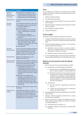 Public and Products Liability cover section


Word or Term         Meaning                                        Cover
                                                                    In our Liability cover section you will find cover for Public
Defects in           (h)	a reference to any material in sub-
                                                                    Liability and Products Liability. In this Optional Extension you
Domestic                 clause (c) (d) or (g) does not include     will find cover for:
Electrical Work          any material that is supplied by the
(continued)              building owner or the owner’s agent.       1.	 Defects in Electrical Works

Disappearance        cannot be found after due search and           2.	 any Trade Practices Liability
                     enquiry.                                       3.	 Liability arising from the testing of Your own work and the
                                                                        work of others
Domestic             any residential premises but other than:
Dwelling             (a)	any residence that is not intended for     4.	 Resultant and Injury, damage or loss arising from incorrect
                          permanent habitation, or                      advice or design
                     (b)	a rooming house                            5.	 Non-completion of Electrical Work
                     (c)	a motel, residential club, residential
                                                                    6.	 Consumer Protection
                          hotel, or residential part of licensed
                          premises
                     (d)	a nursing home, hospital, or               Limit of Liability
                          accommodation associated with a
                                                                    Our liability under this Optional Extension is limited to:
                          hospital; or
                     (e)	the common areas under the control         1.	 in respect of Trade Practices Liability the maximum amount
                          of the Body Corporate in residential          we will pay is the cost of rectifying the relevant electrical
                          villas, townhouses, duplex, triplex,          work.
                          quadruplex or home units which make
                          up the body corporate                     2.	 for all other liability referred to in covers 1, 3, 4, 5 and 6 the
                     (f)	 any watercraft                                maximum amount we will pay is

                                                                         (a)	 $50,000 per any one claim or service of claim in
Domestic             work for a domestic dwelling proprietor
Electrical Work      or for individual proprietors of single                  relation to a certificate of test or if the certificate of
                     domestic dwellings forming part of                       test relates to more than one home
                     residential villas, townhouses, duplex,             (b)	 $50,000 in respect of each domestic installation.
                     triplex, quadruplex or home units.
                                                                    3.	 for the reasonable legal costs and expenses associated
Electrical Work      defined in the Electricity Act and                 with successful enforcement of a claim against You or Us.
                     Regulations 2002 (Qld.).

Insolvent under      a person who is bankrupt in respect of
Administration       a bankruptcy from which the person has
                                                                    What you are not covered for under this optional
                     not been discharged and includes:              extension
                     (a)	a person who has executed a deed           1.	 We do not cover You for any loss damage or liability:
                         of arrangement under Part X of
                                                                         (a)	 resulting from a Product Defect provided that:
                         the bankruptcy act (Cwth), (or the
                         corresponding provisions of the law of               (i)	   We bear the onus of establishing that the claim (or
                         another jurisdiction) where the terms of                    part of a claim) is based on a Product Defect; and
                         the deed have not been fully complied                (ii)	 We agree that nothing in this exclusion removes
                         with; and
                                                                                    the cover given to You by this Optional Extension
                     (b)	a person whose creditors have                              in relation to You supplying or using any appliance,
                         accepted a composition under Part X
                                                                                    material, substance or other thing that You were
                         of the Bankruptcy Act (Cwth), (or the
                                                                                    aware was defective, or that You should reasonably
                         corresponding provisions of the law
                                                                                    be aware was defective
                         of another Jurisdiction) where a final
                         payment has not been made under that            (b)	 resulting from:
                         composition.
                                                                              (i)	 fair wear and tear or depreciation of electrical
Limit of Liability   the limit of liability that is shown in the                   work or;
                     Certificate.
                                                                              (ii)	 a failure by the building owner to reasonably
Trade Practices      any liability that arises as a result of                       maintain the Electrical Work
Liability            conduct by the electrical contractor that      2.	 for consequential financial loss resulting from non-domestic
                     contravenes the Trade Practices Act                Electrical Work
                     1974 (Cwth) and the Fair Trading Act
                     1989 (Qld) other than any fine or penalty      3.	 directly or indirectly caused by, contributed to, or arising
                     imposed by such contravention.                     from exposure to asbestos
                                                                    4.	 We do not cover you in respect of all legal costs of any
                                                                        person making a Claim against You that are not directly
                                                                        or indirectly related to:
                                                                         (a)	 the enforcement of this Policy; or
                                                                         (b)	 a liability in respect of which you are covered under
                                                                              this Policy



                                                                                                                                       43
 